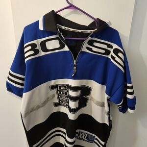 Boss Mens Polo Shirt with Blue, Black, and White Stripes